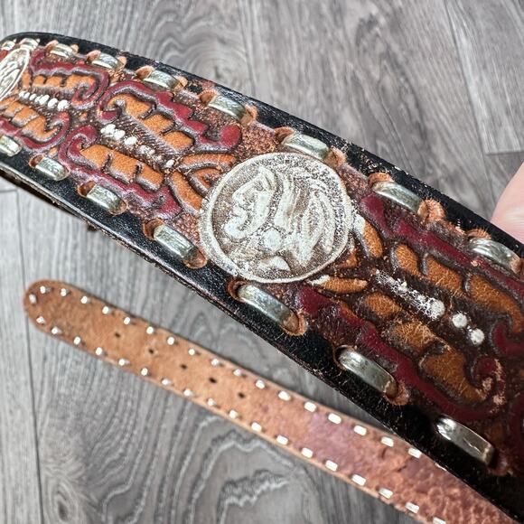 VTG Hand Tooled & Dyed Brown Leather Belt & Buckle sz 38 Native Eagle main image 4